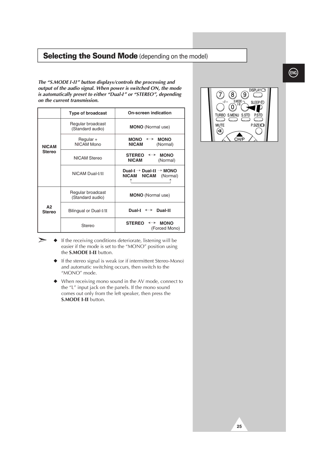 Samsung manual Selecting the Sound Mode depending on the model 