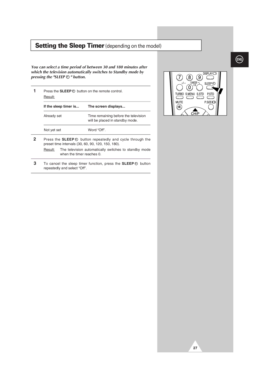 Samsung manual Setting the Sleep Timer depending on the model, If the sleep timer is Screen displays 