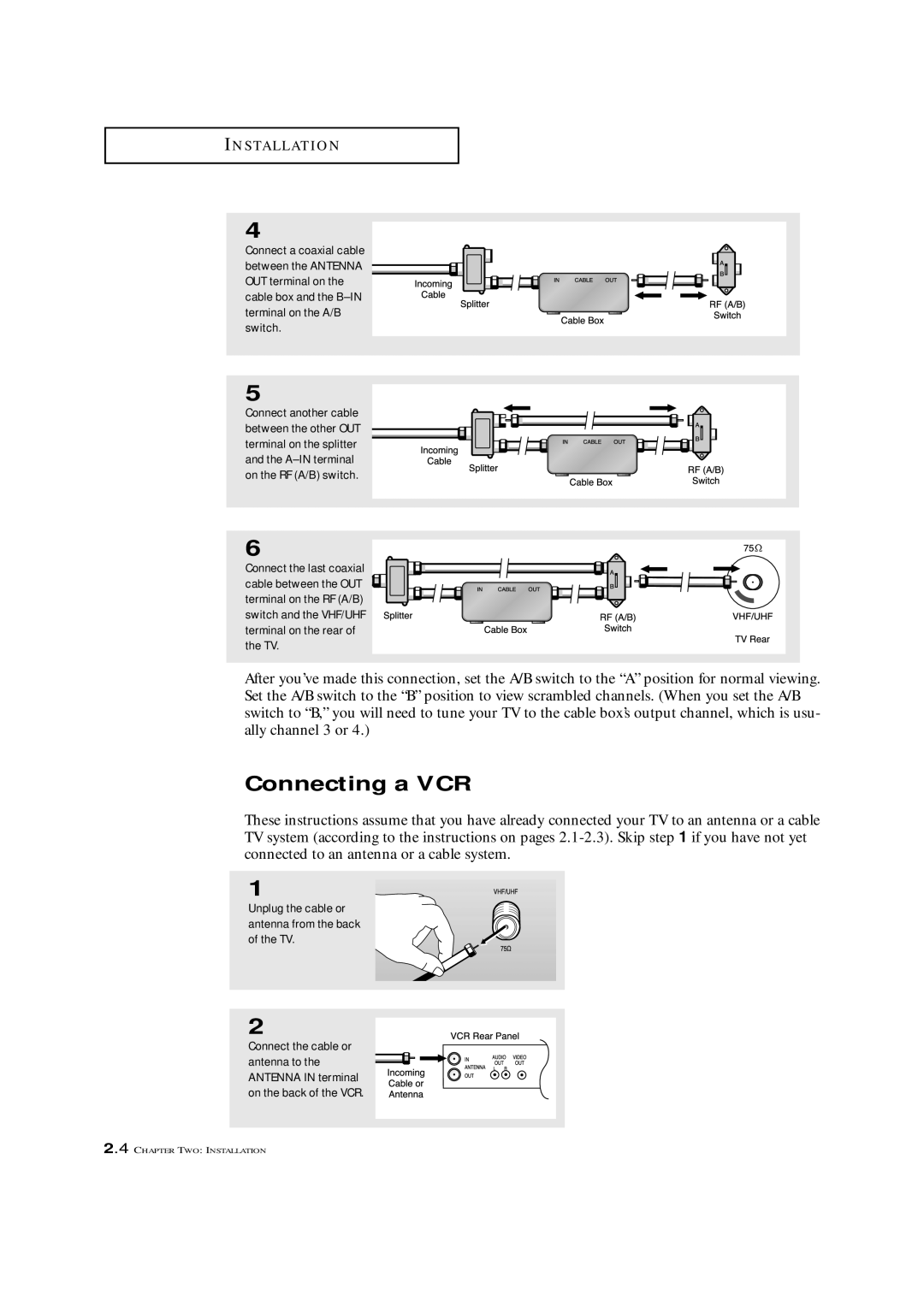 Samsung CL-29A5P, CL-29A5W, CL-29A6P, CL-29A6W, CL-29A7P, CL-29A7W, CL-29M6P, CL-29M6W, CL-34M9P manual Connecting a VCR 