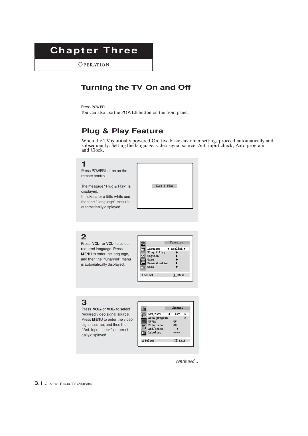 Samsung CL-29A5P, CL-29A5W, CL-29A6P, CL-29A6W, CL-29A7P, CL-29A7W, CL-29M6P, CL-29M6W, CL-34M9P Turning the TV On and Off 