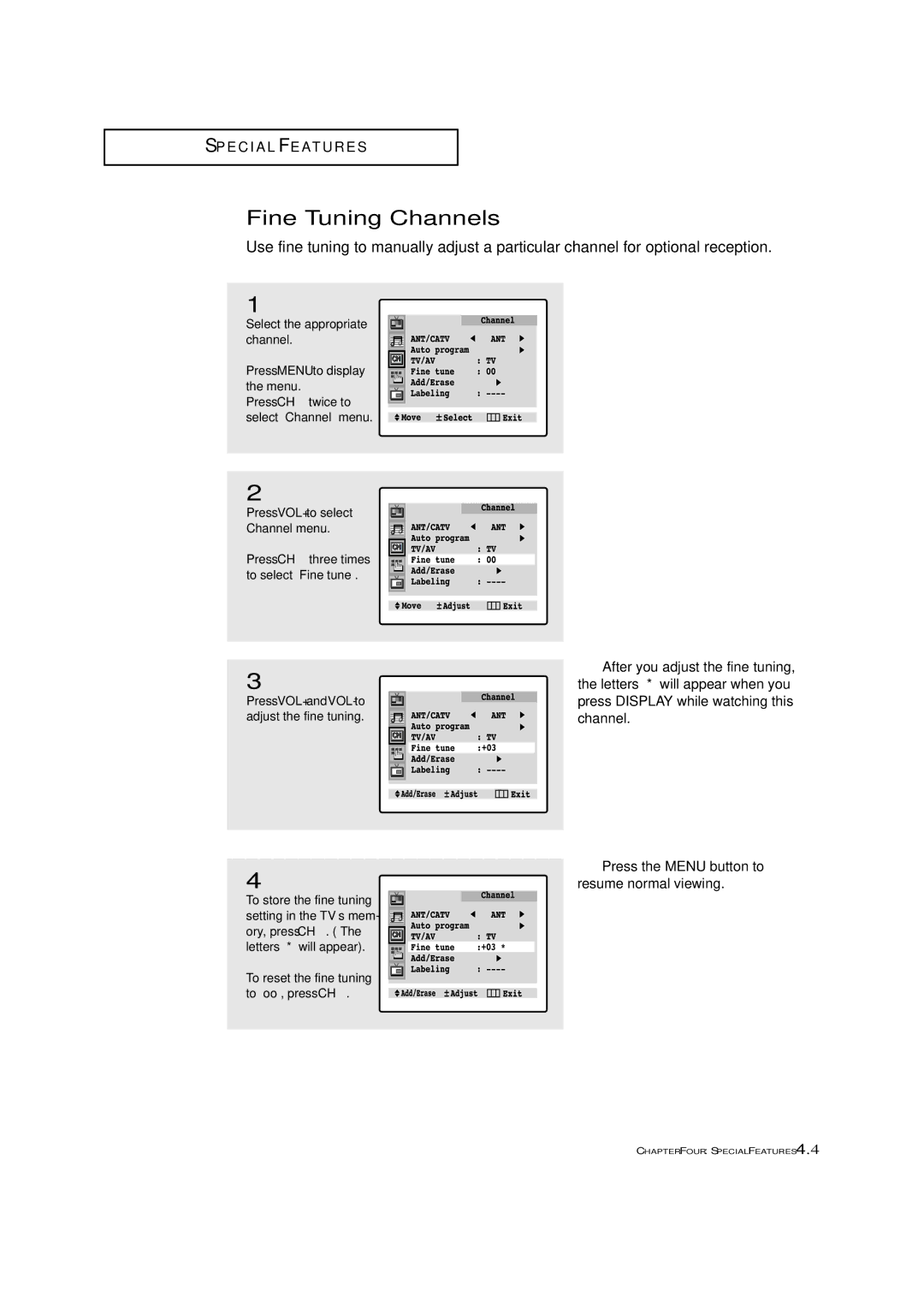 Samsung CL-29A5P, CL-29A5W, CL-29A6P, CL-29A6W, CL-29A7P, CL-29A7W, CL-29M6P, CL-29M6W, CL-34M9P Fine Tuning Channels 