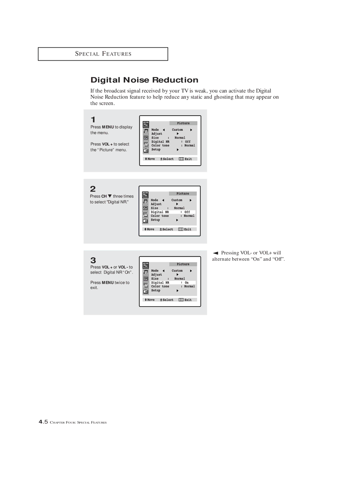 Samsung CL-29A5P, CL-29A5W, CL-29A6P, CL-29A6W, CL-29A7P, CL-29A7W, CL-29M6P, CL-29M6W, CL-34M9P Digital Noise Reduction 