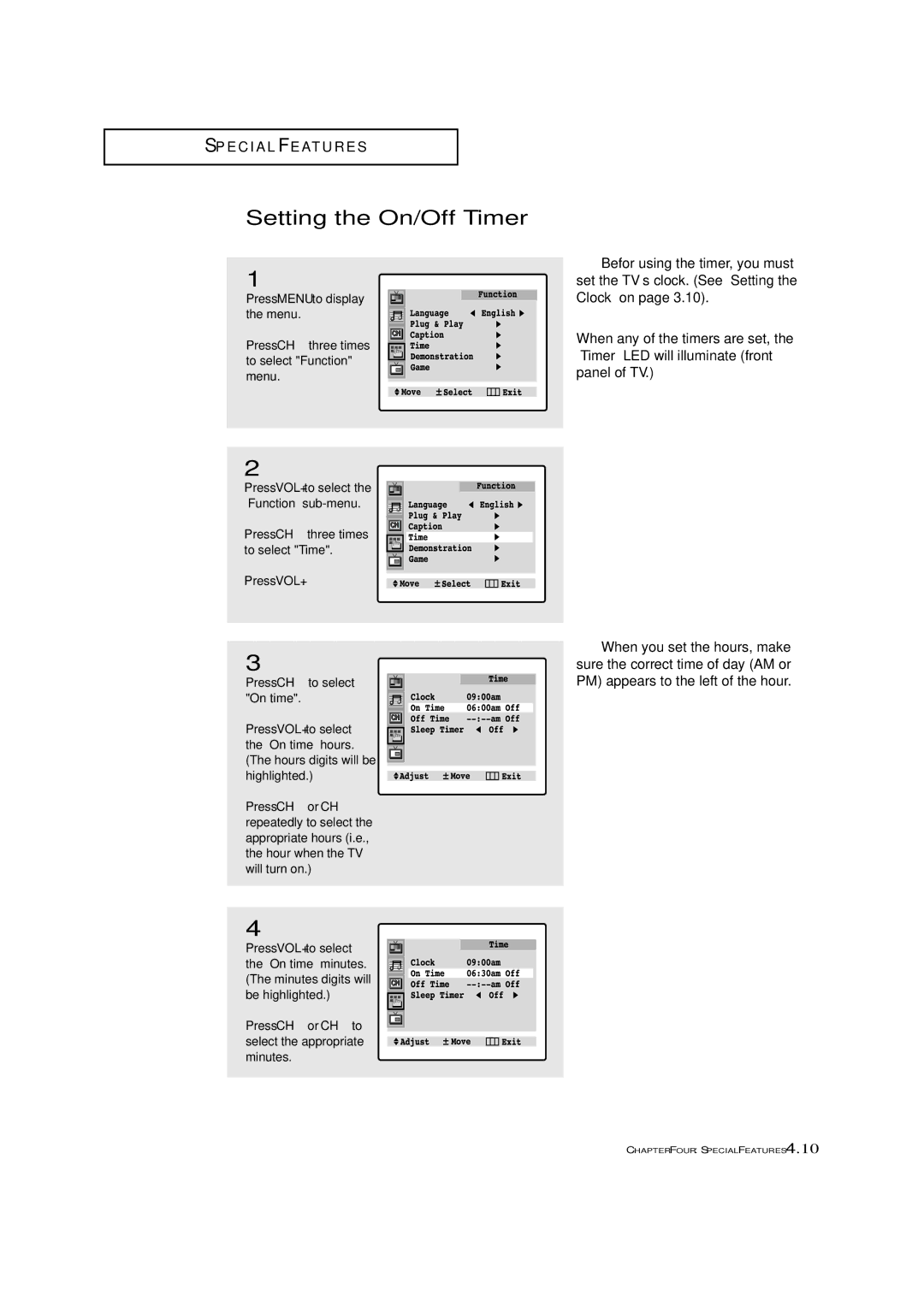 Samsung CL-29A5P, CL-29A5W, CL-29A6P, CL-29A6W, CL-29A7P, CL-29A7W, CL-29M6P, CL-29M6W, CL-34M9P Setting the On/Off Timer 