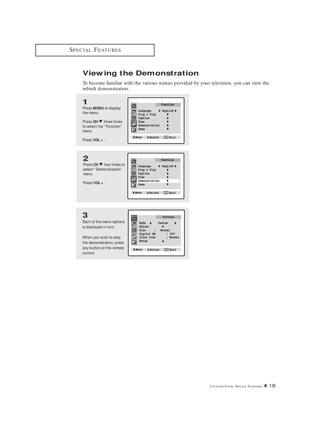 Samsung CL-29A5P, CL-29A5W, CL-29A6P, CL-29A6W, CL-29A7P, CL-29A7W, CL-29M6P, CL-29M6W, CL-34M9P Viewing the Demonstration 