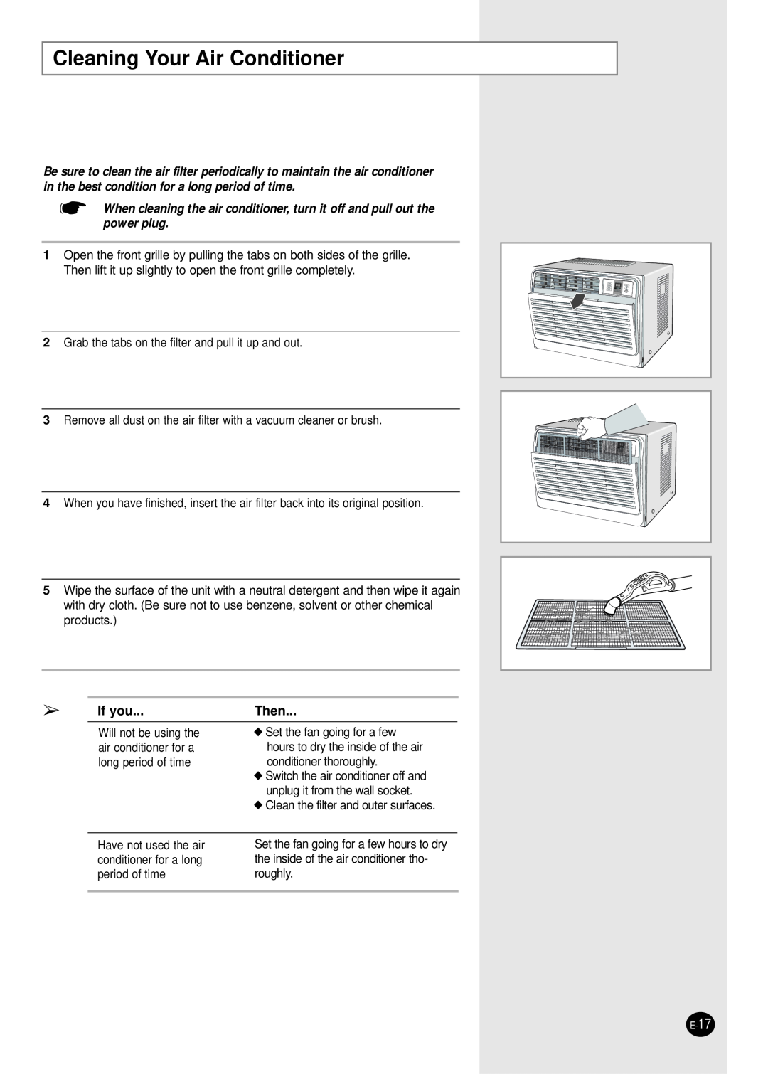 Samsung manual Cleaning Your Air Conditioner, If you, Then 