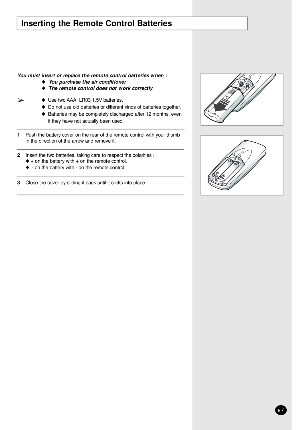 Samsung manual Inserting the Remote Control Batteries, You purchase the air conditioner 