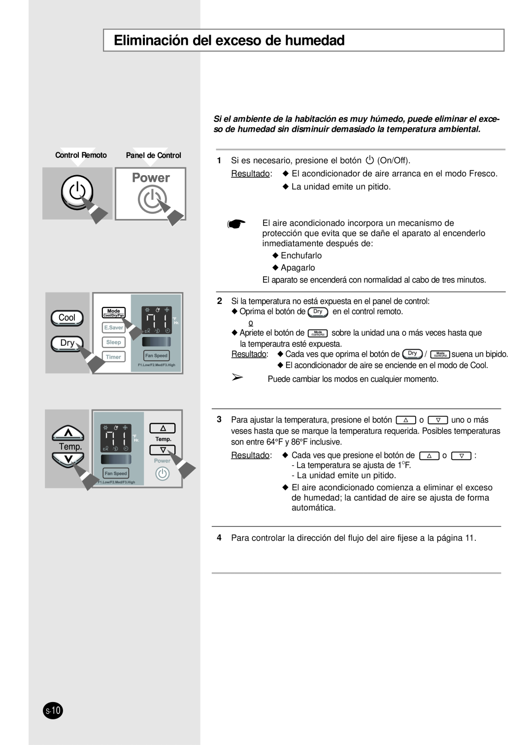 Samsung manual Eliminación del exceso de humedad, Panel de Control 