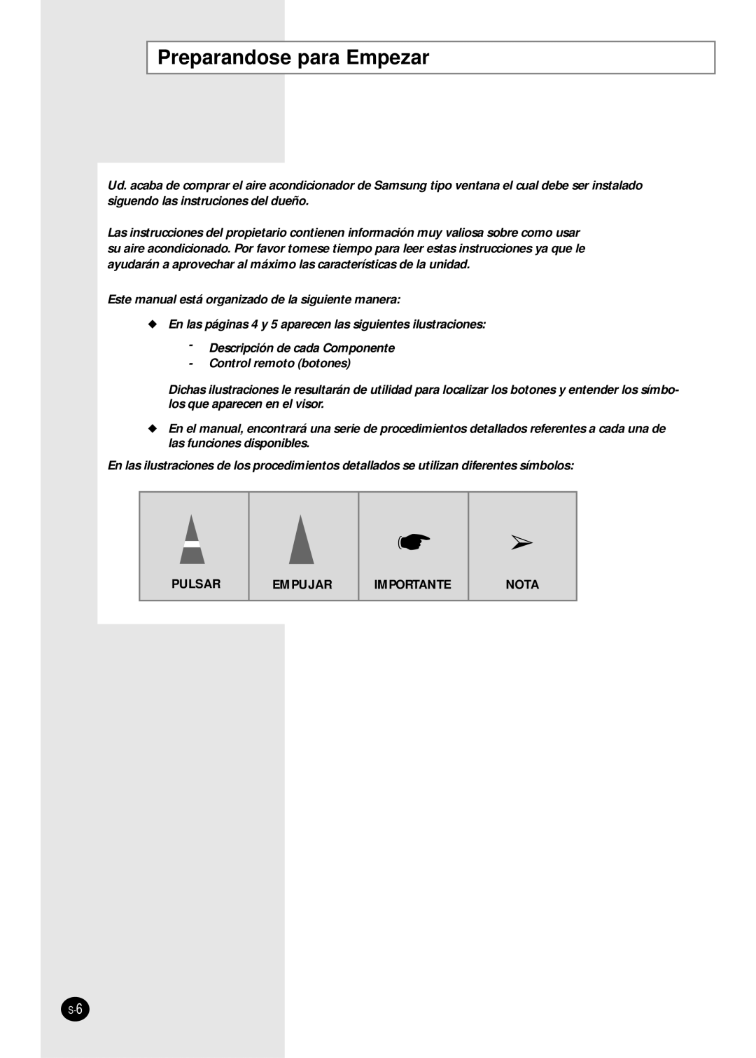 Samsung manual Descripción de cada Componente, Control remoto botones, Pulsar, Empujar, Importante, Nota 