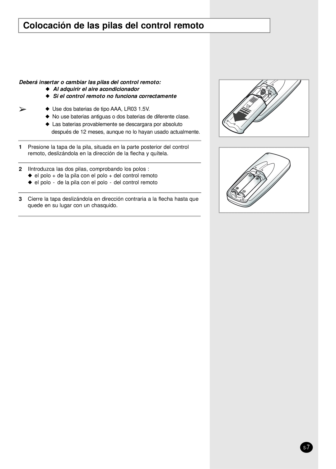 Samsung manual Colocación de las pilas del control remoto, Al adquirir el aire acondicionador 