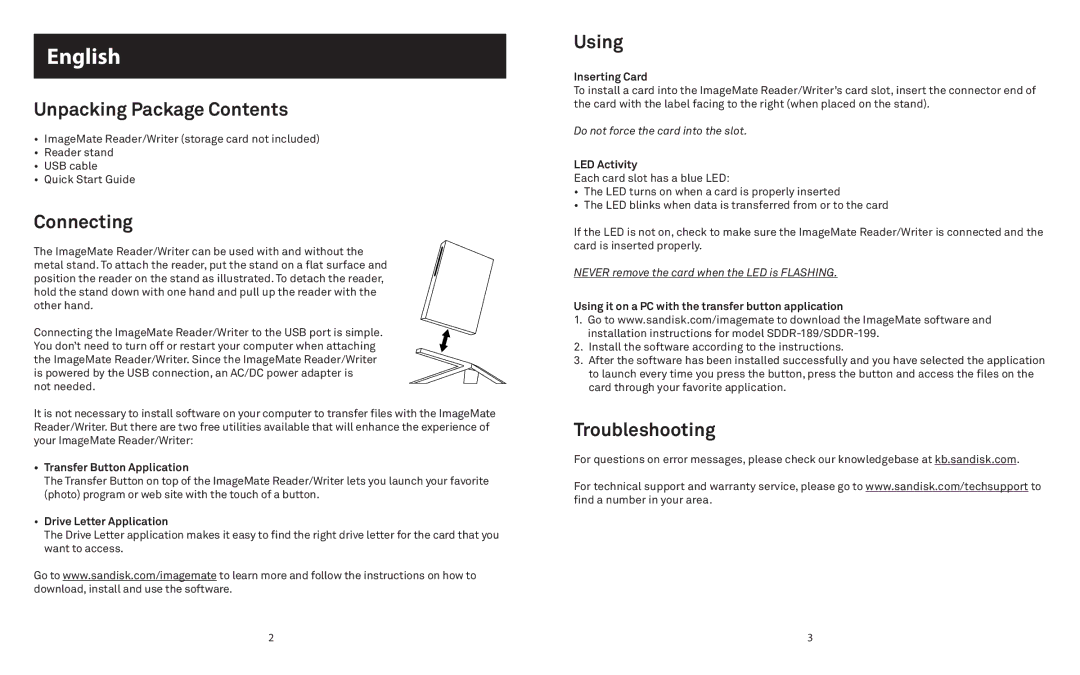 SanDisk 415753 quick start English, Unpacking Package Contents, Connecting, Using, Troubleshooting 