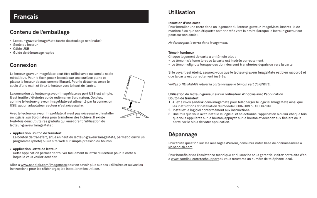 SanDisk 415753 quick start Français, Contenu de l’emballage, Connexion, Utilisation, Dépannage 