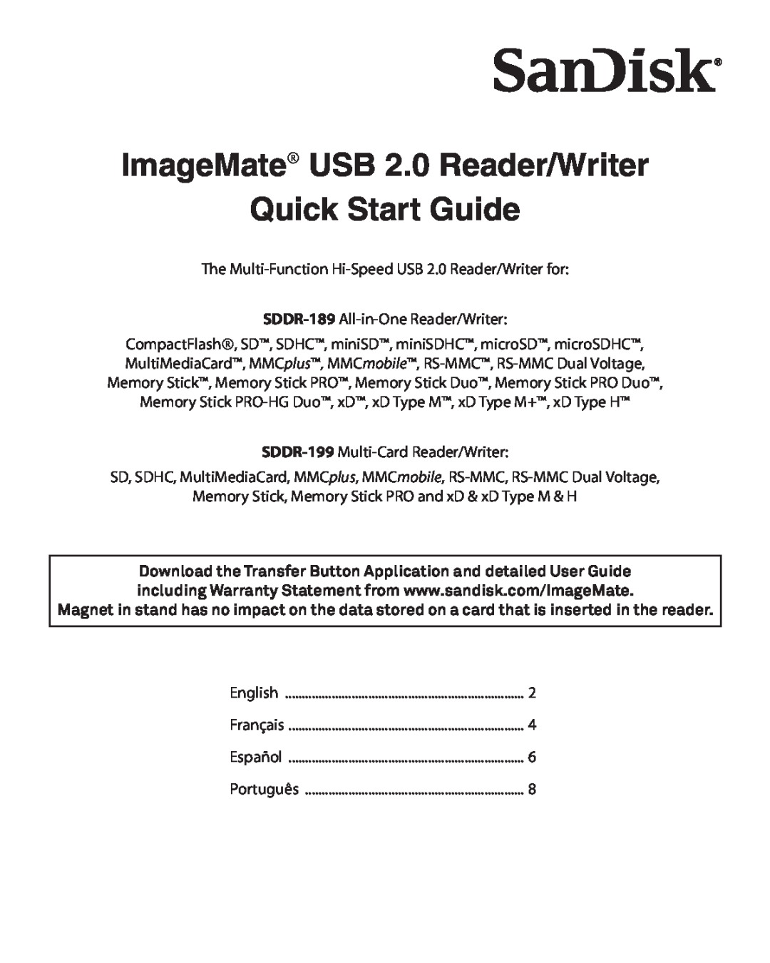 SanDisk 415753 quick start ImageMate USB 2.0 Reader/Writer Quick Start Guide 