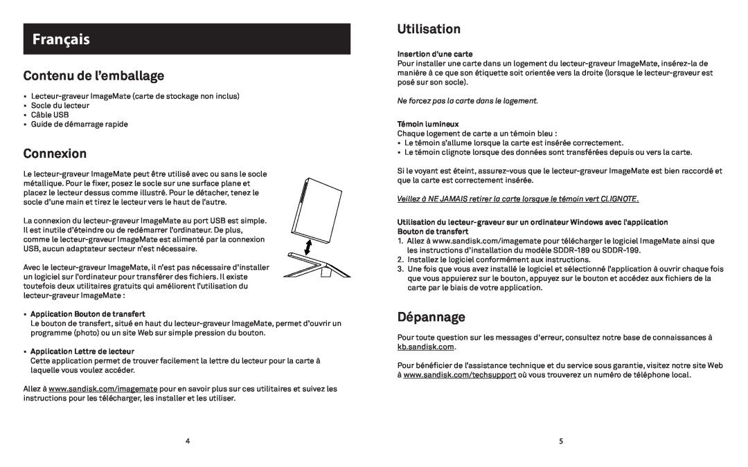 SanDisk 415753 Français, Contenu de l’emballage, Connexion, Utilisation, Dépannage, Application Bouton de transfert 