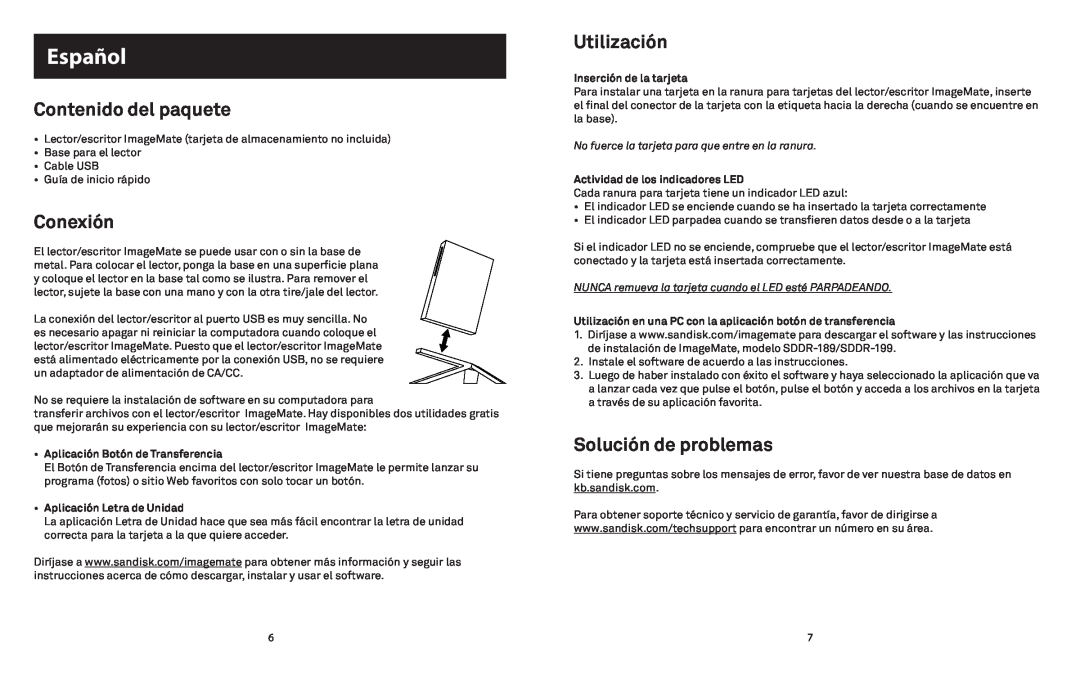 SanDisk 415753 Español, Contenido del paquete, Conexión, Utilización, Solución de problemas, Aplicación Letra de Unidad 