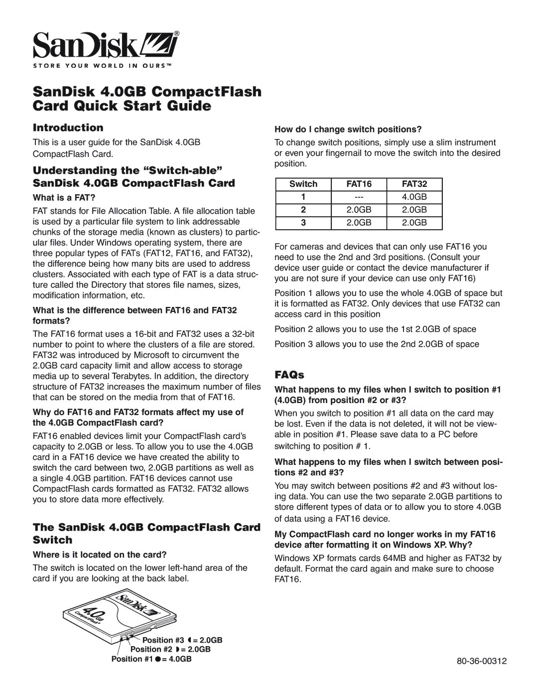 SanDisk 41DVDSN, 41DVN quick start SanDisk 4.0GB CompactFlash Card Quick Start Guide, Introduction, FAQs, FAT16 FAT32 