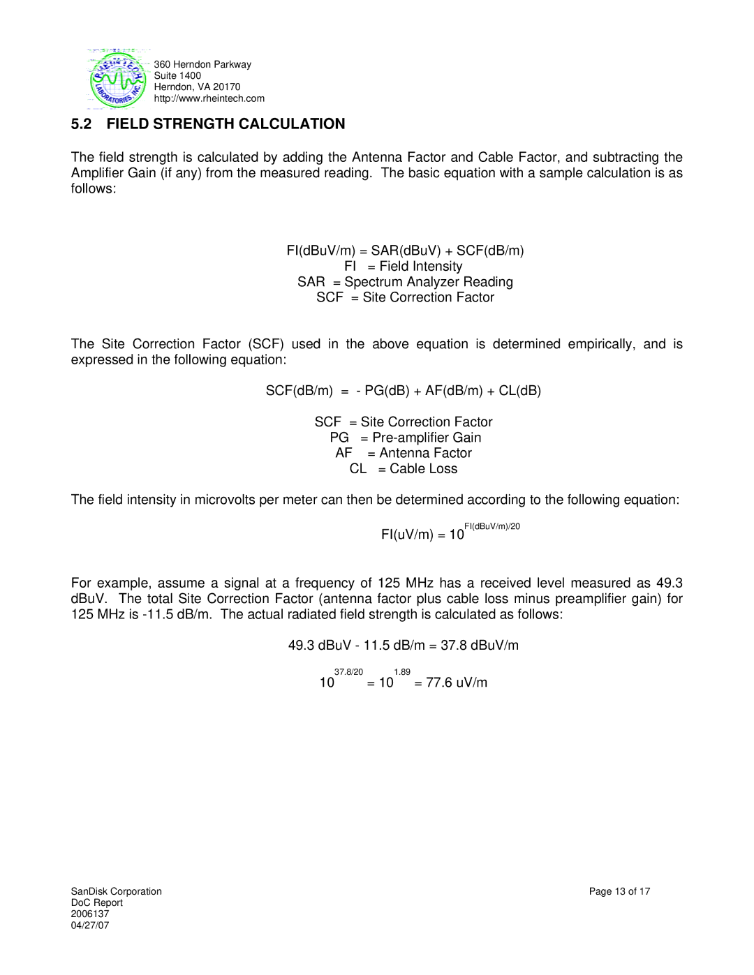 SanDisk 5000 2.5 manual Field Strength Calculation 