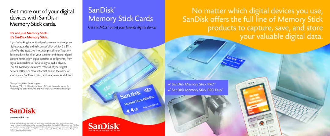 SanDisk 80-11-01300 manual SanDisk, Memory StickCards, Products to capture, save, and store, Your valuable digital data 