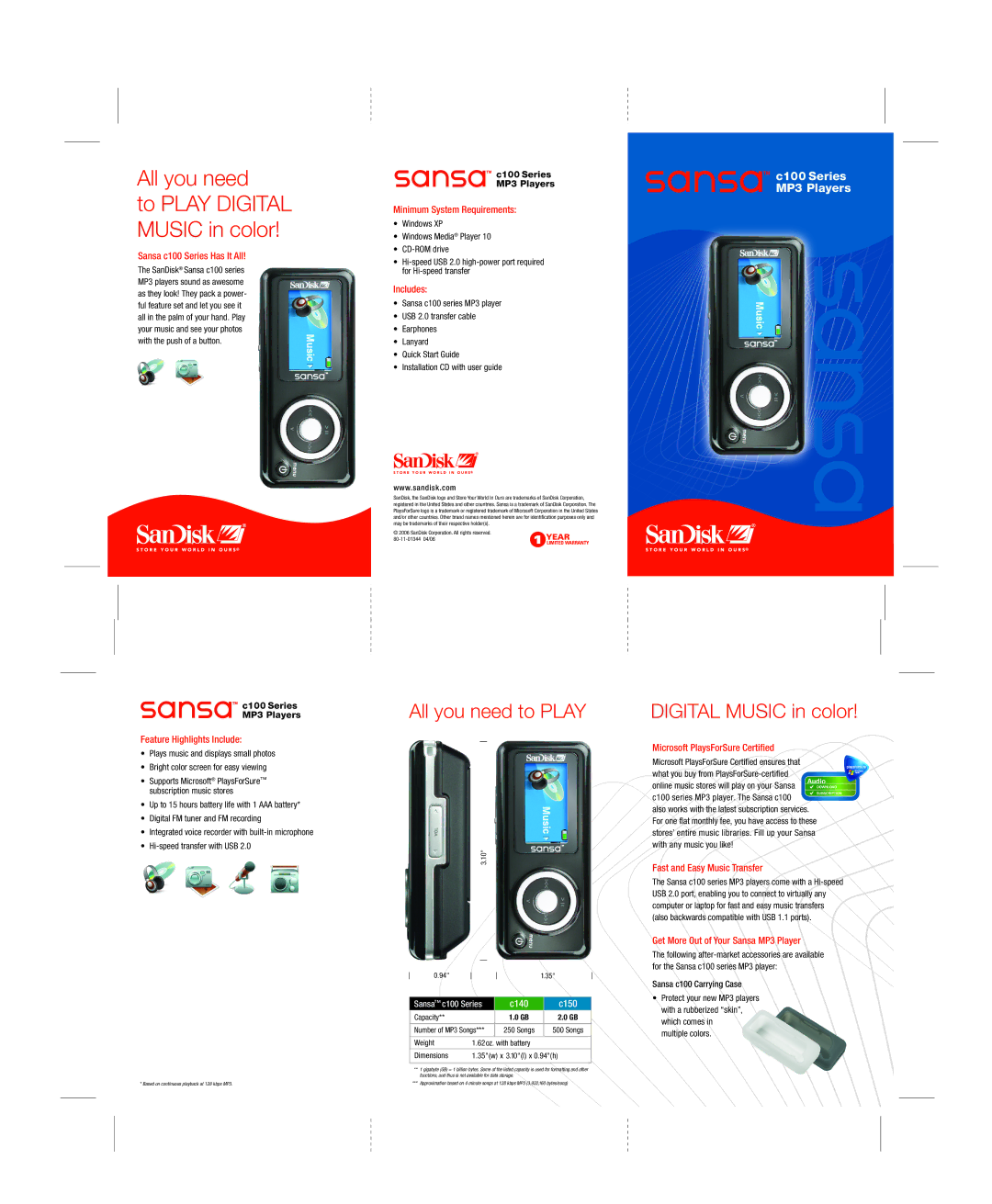 SanDisk 80-11-01344 dimensions To Play Digital Music in color, All you need to Play 