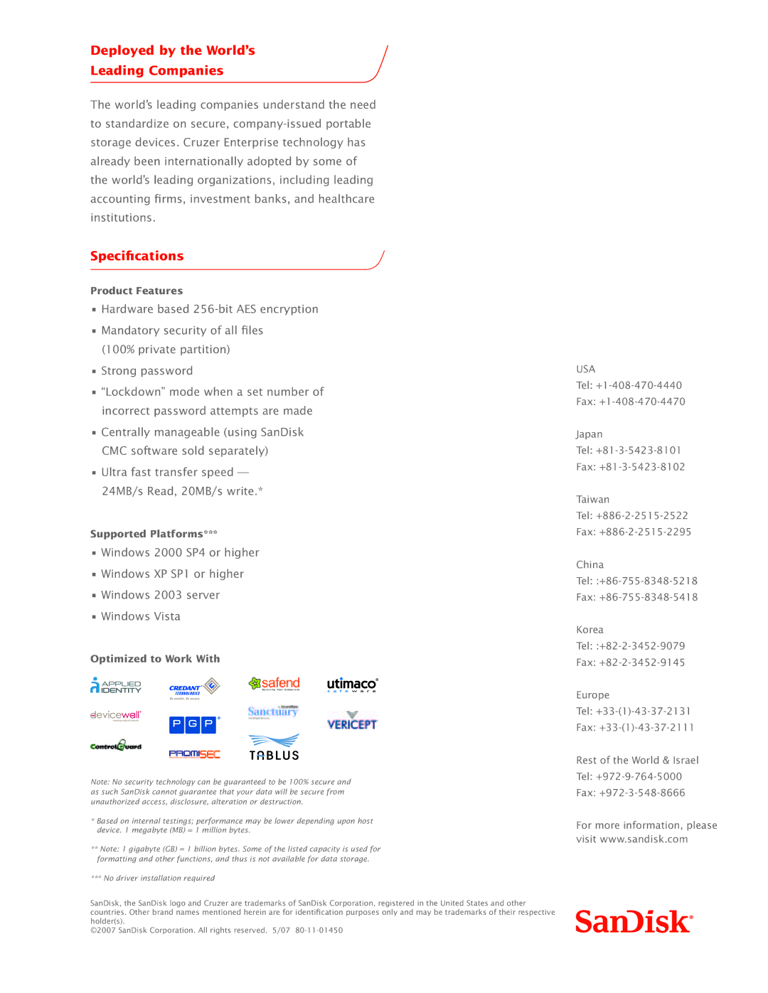 SanDisk 80-11-01450 manual Deployed by the World’s Leading Companies, Specifications, Product Features, Supported Platforms 