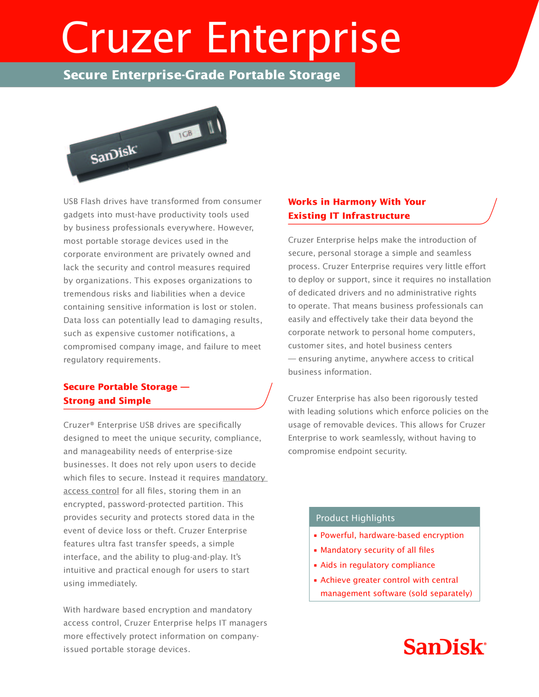 SanDisk 80-11-01450 manual Works in Harmony With Your Existing IT Infrastructure, Cruzer Enterprise, Product Highlights 