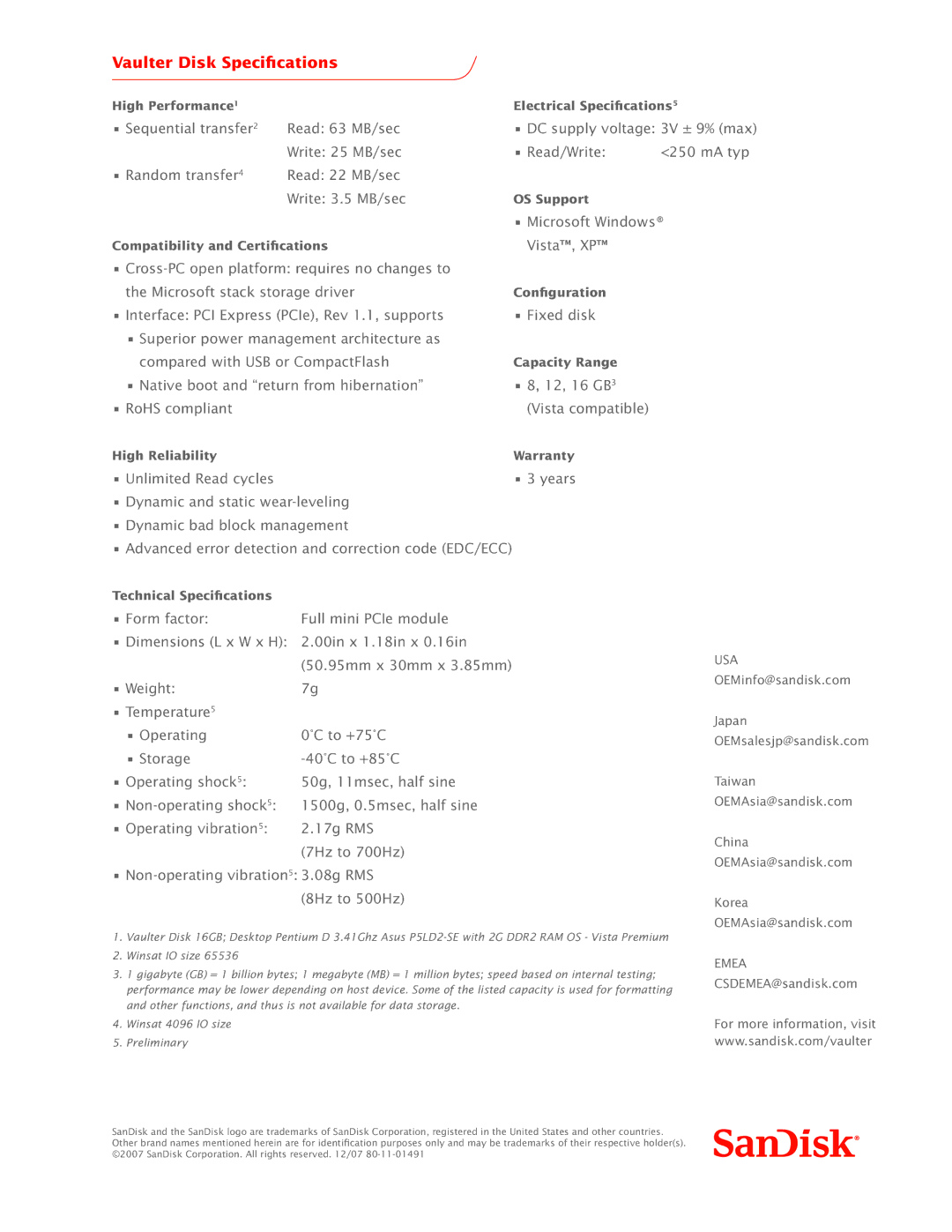 SanDisk 80-11-01491 manual Vaulter Disk Specifications 