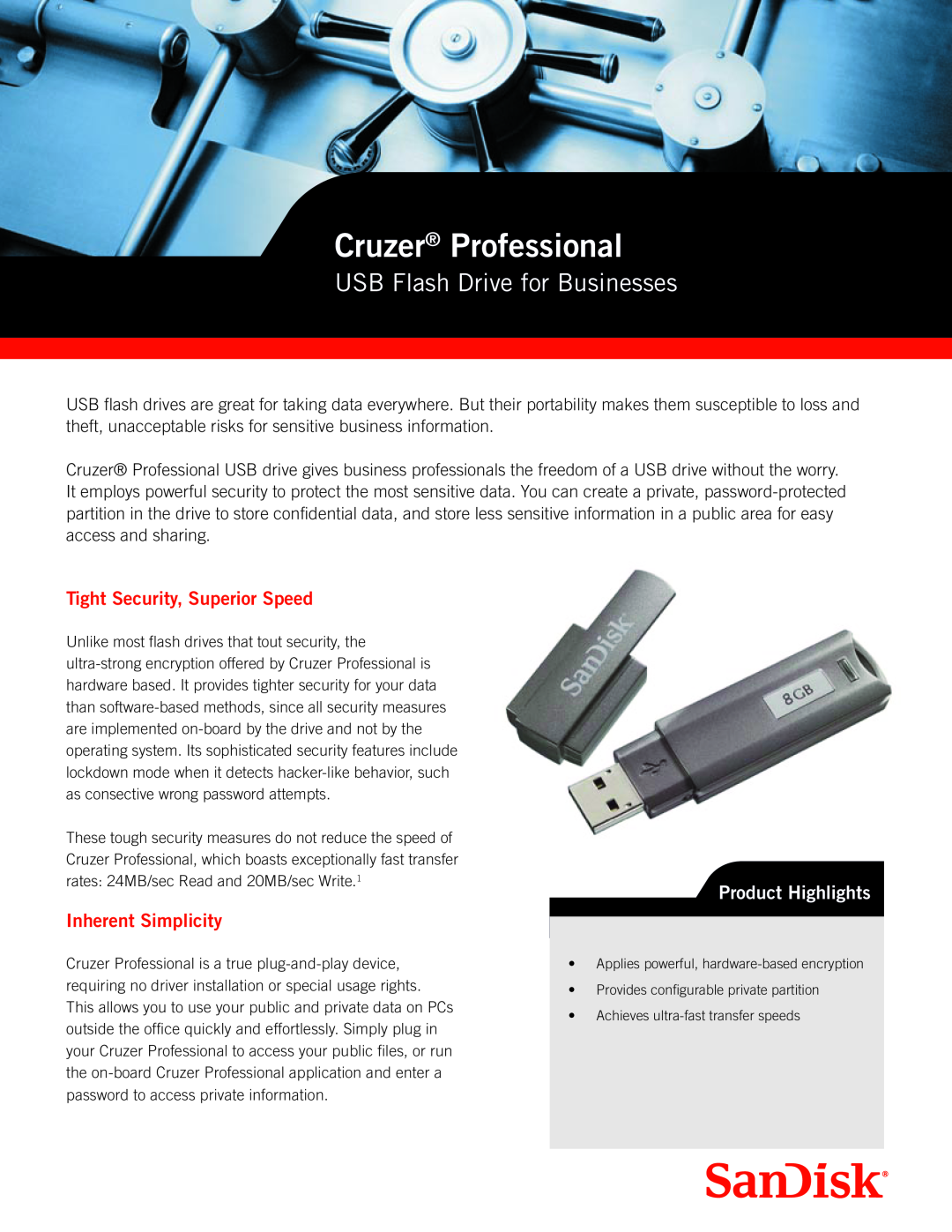 SanDisk 80-11-01546 manual Cruzer Professional, USB Flash Drive for Businesses, Tight Security, Superior Speed 