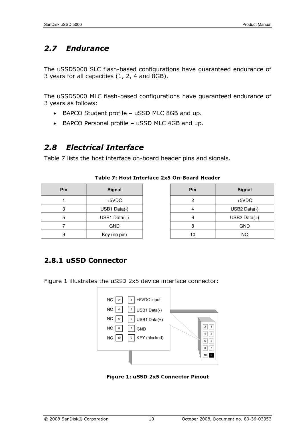 SanDisk 80-36-03353 manual Endurance, Electrical Interface, USSD Connector, Host Interface 2x5 On-Board Header, Pin Signal 