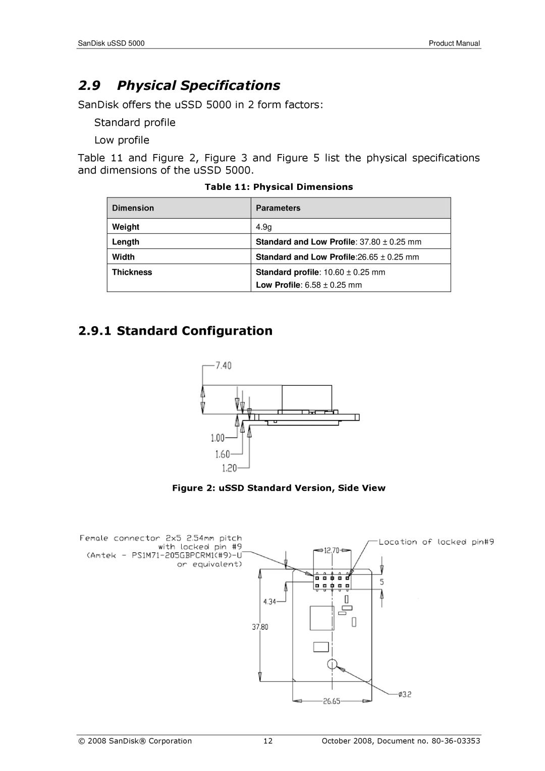 SanDisk 80-36-03353 manual Physical Specifications, Standard Configuration, Physical Dimensions 