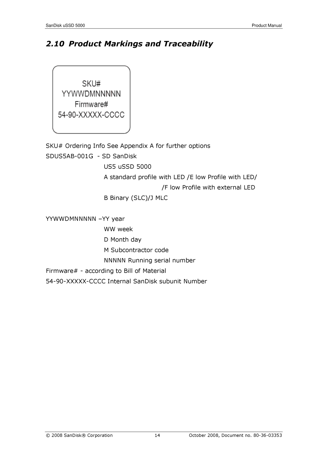 SanDisk 80-36-03353 manual Product Markings and Traceability 