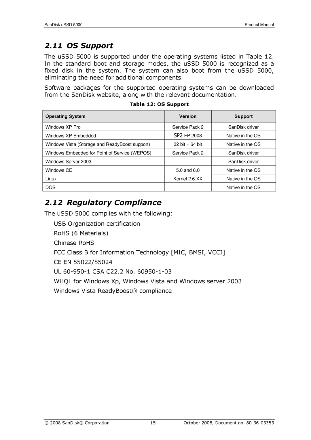 SanDisk 80-36-03353 manual OS Support, Regulatory Compliance, Operating System Version Support 