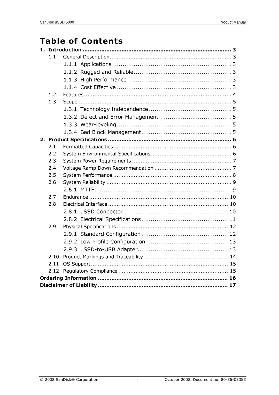 SanDisk 80-36-03353 manual Table of Contents 