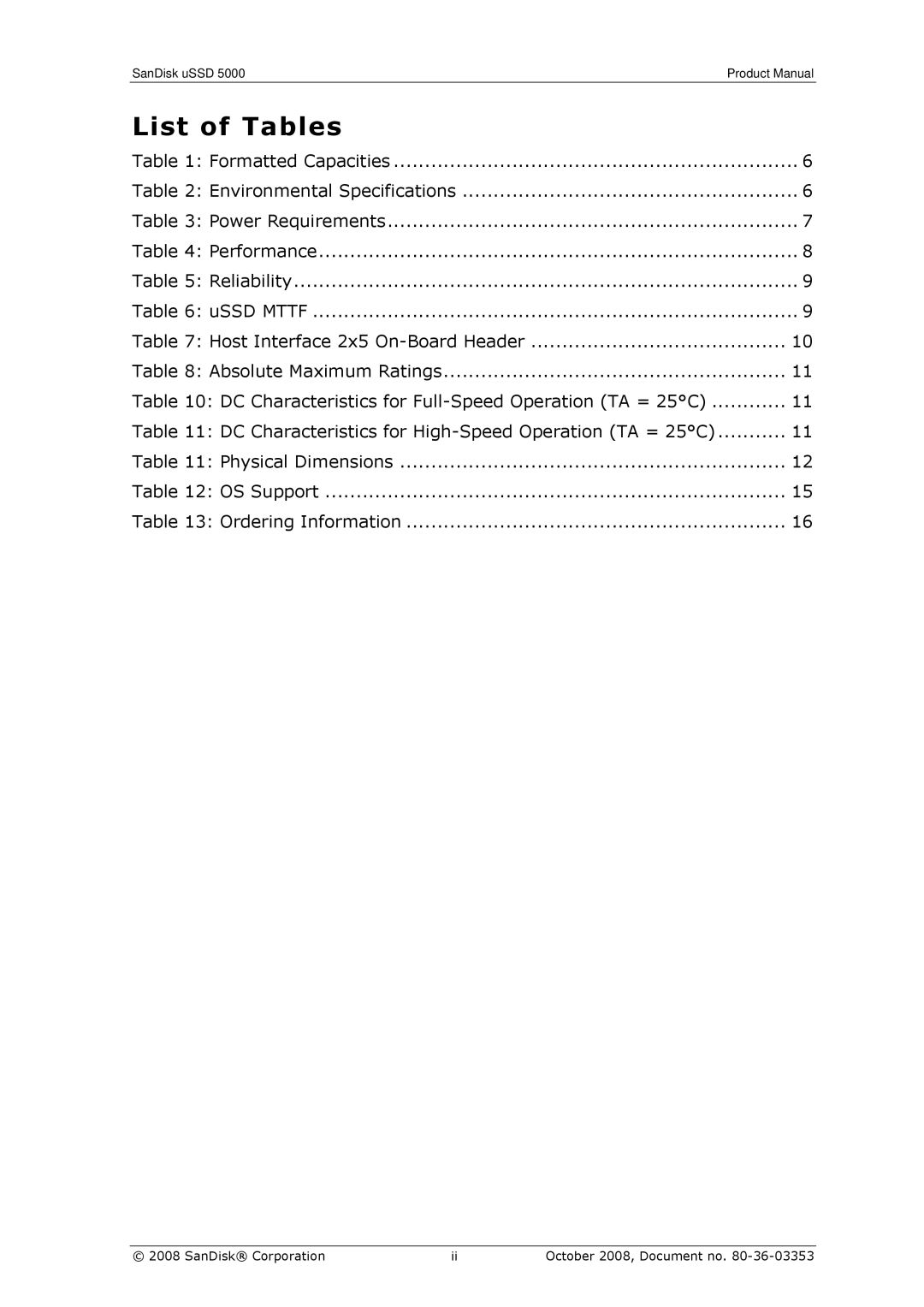 SanDisk 80-36-03353 manual List of Tables 