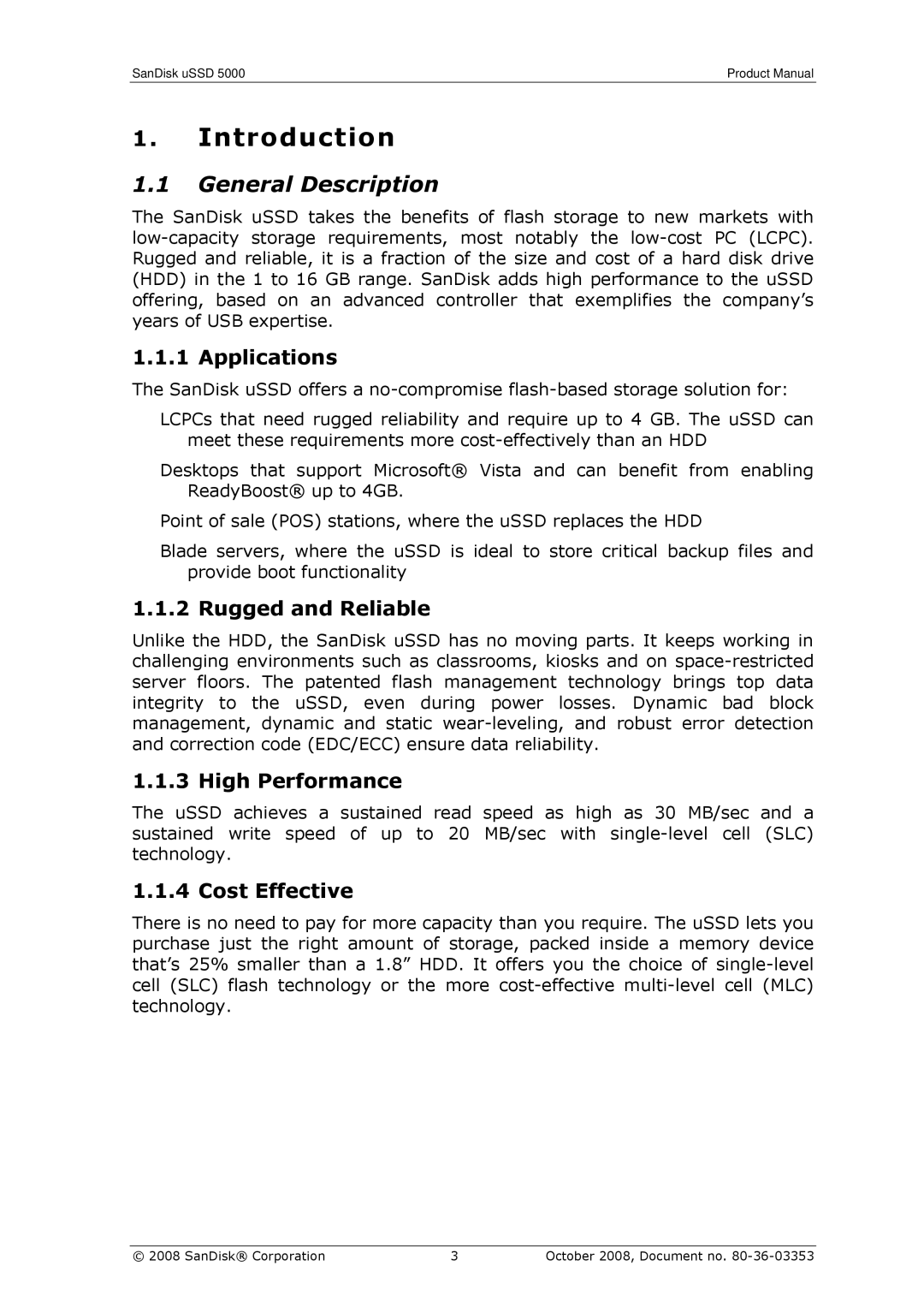 SanDisk 80-36-03353 manual Introduction, General Description 