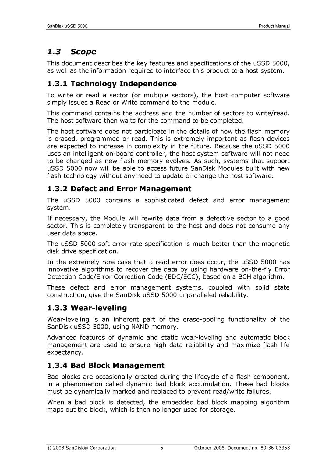 SanDisk 80-36-03353 manual Scope, Technology Independence, Defect and Error Management, Wear-leveling, Bad Block Management 