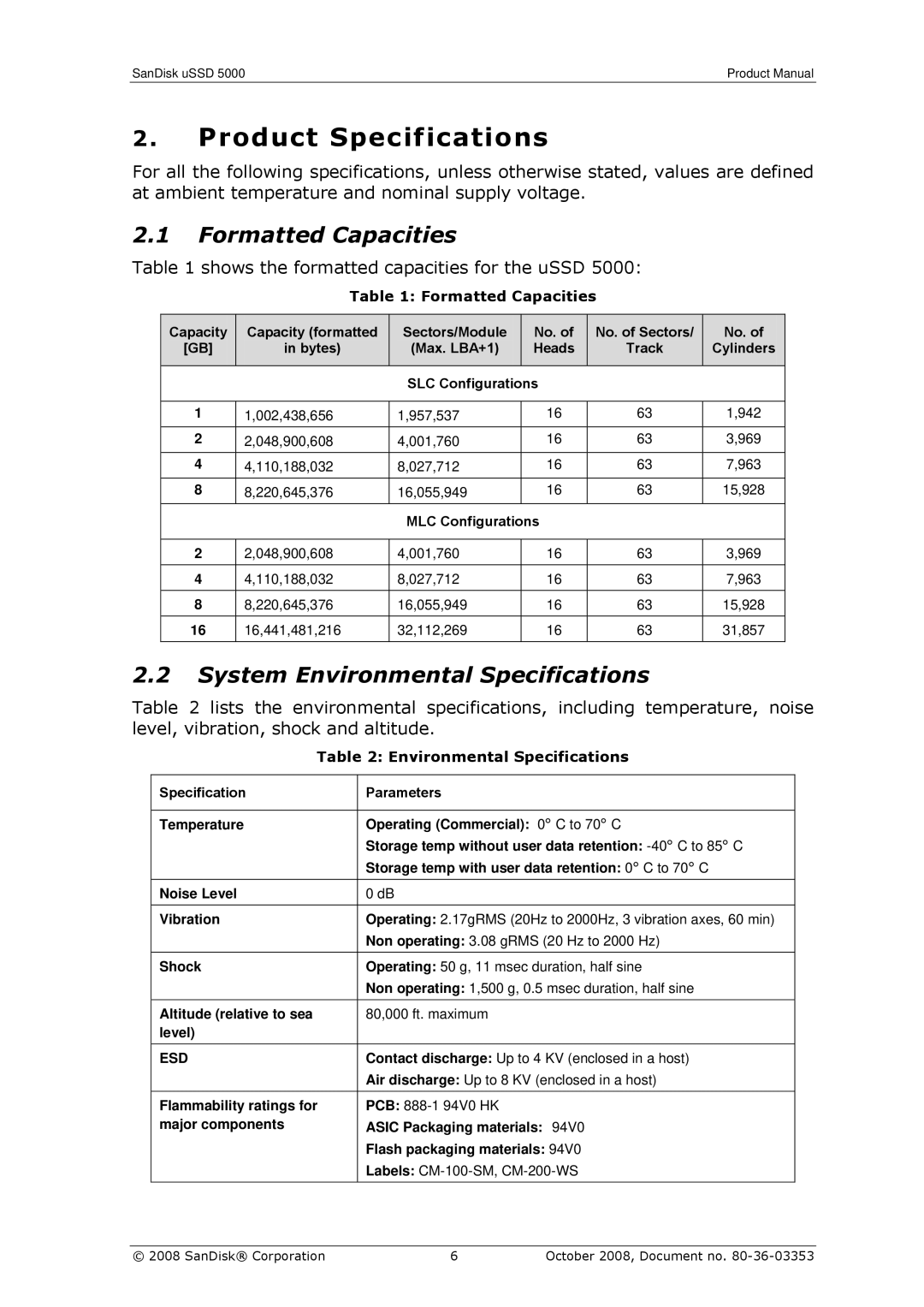 SanDisk 80-36-03353 manual Product Specifications, Formatted Capacities, System Environmental Specifications 