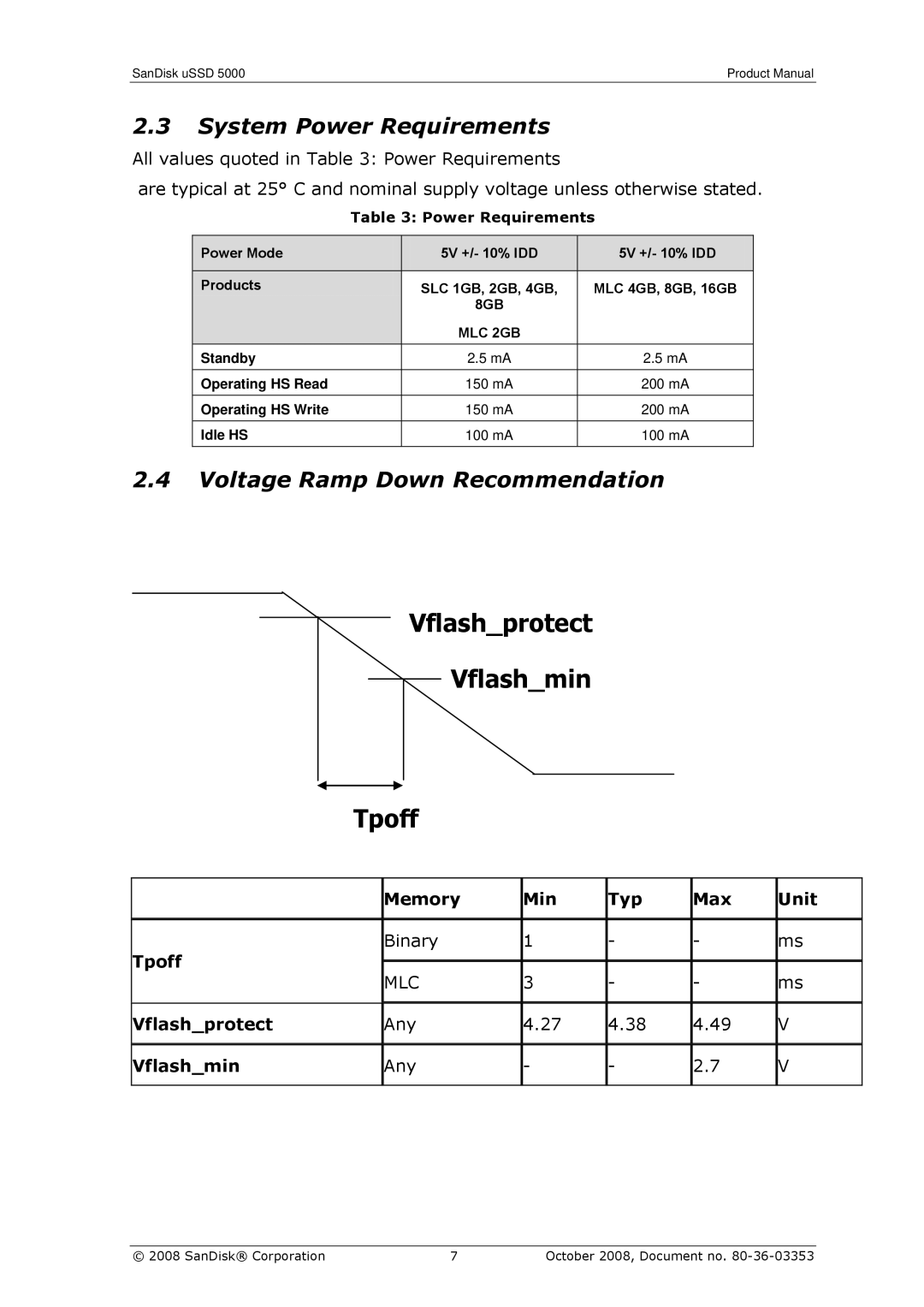 SanDisk 80-36-03353 manual System Power Requirements, Voltage Ramp Down Recommendation 