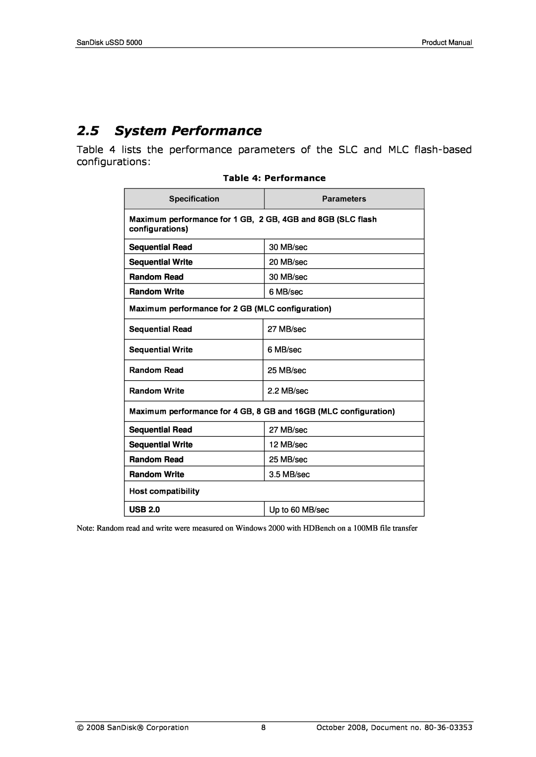 SanDisk 80-36-03353 manual System Performance 