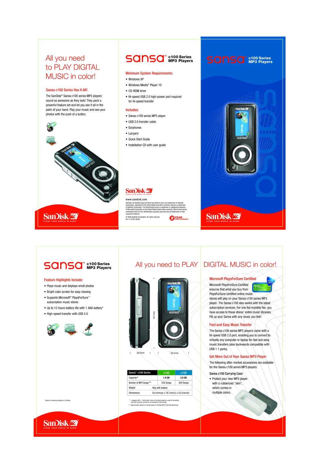 SanDisk 80-11-01287, c100 Series dimensions All you need to Play, Digital Music in color 