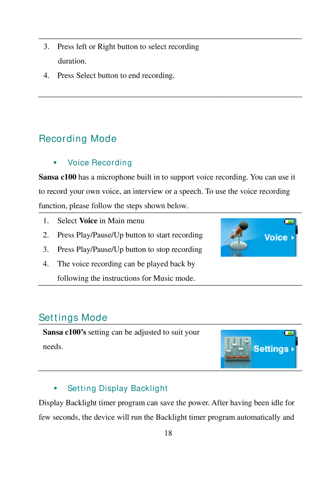 SanDisk C100 manual Recording Mode, Settings Mode, ƒ Voice Recording, ƒ Setting Display Backlight 