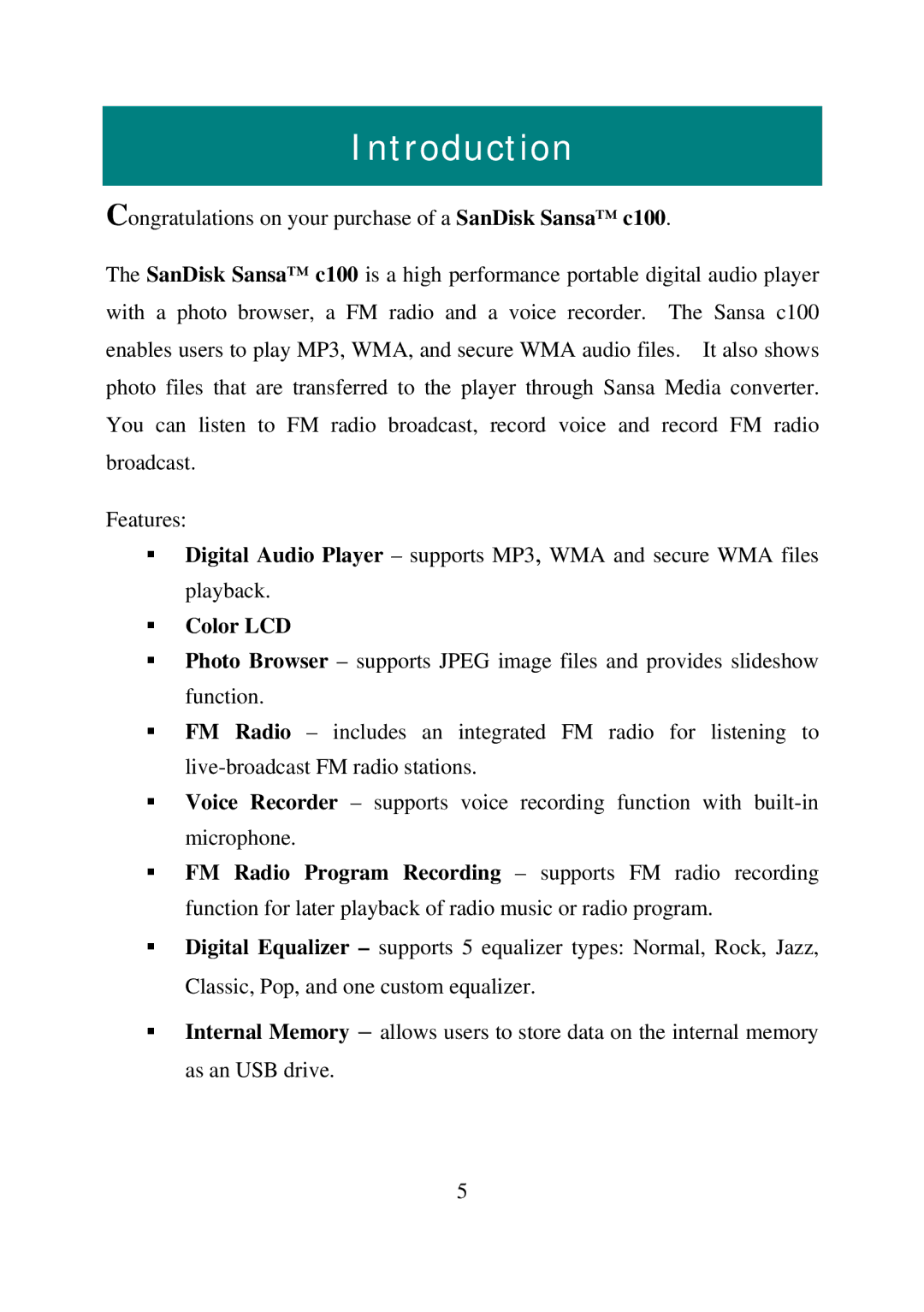 SanDisk C100 manual Introduction, ƒ Color LCD 