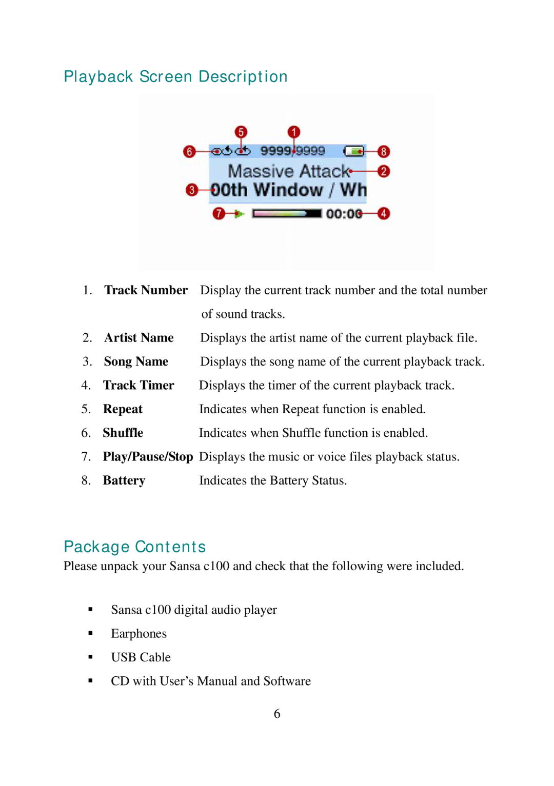 SanDisk C100 manual Playback Screen Description, Package Contents 