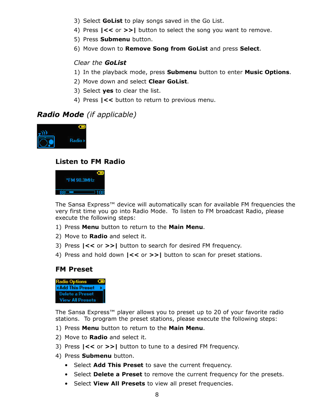 SanDisk c200 user manual Listen to FM Radio, FM Preset 