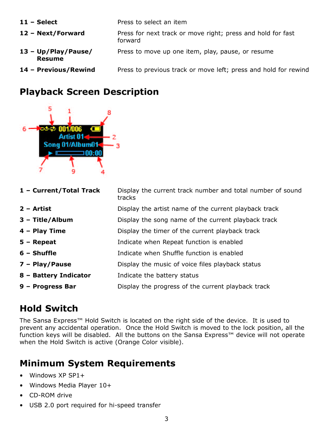 SanDisk c200 user manual Playback Screen Description, Hold Switch, Minimum System Requirements 