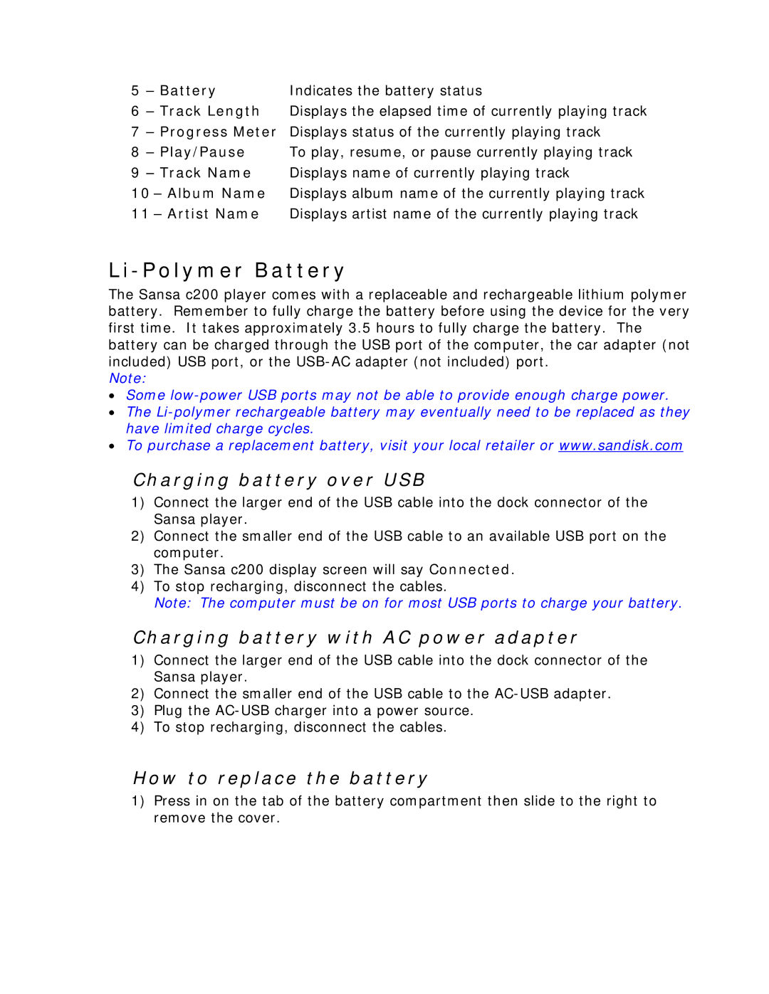 SanDisk c200 user manual Li-Polymer Battery, Charging battery over USB, Charging battery with AC power adapter 