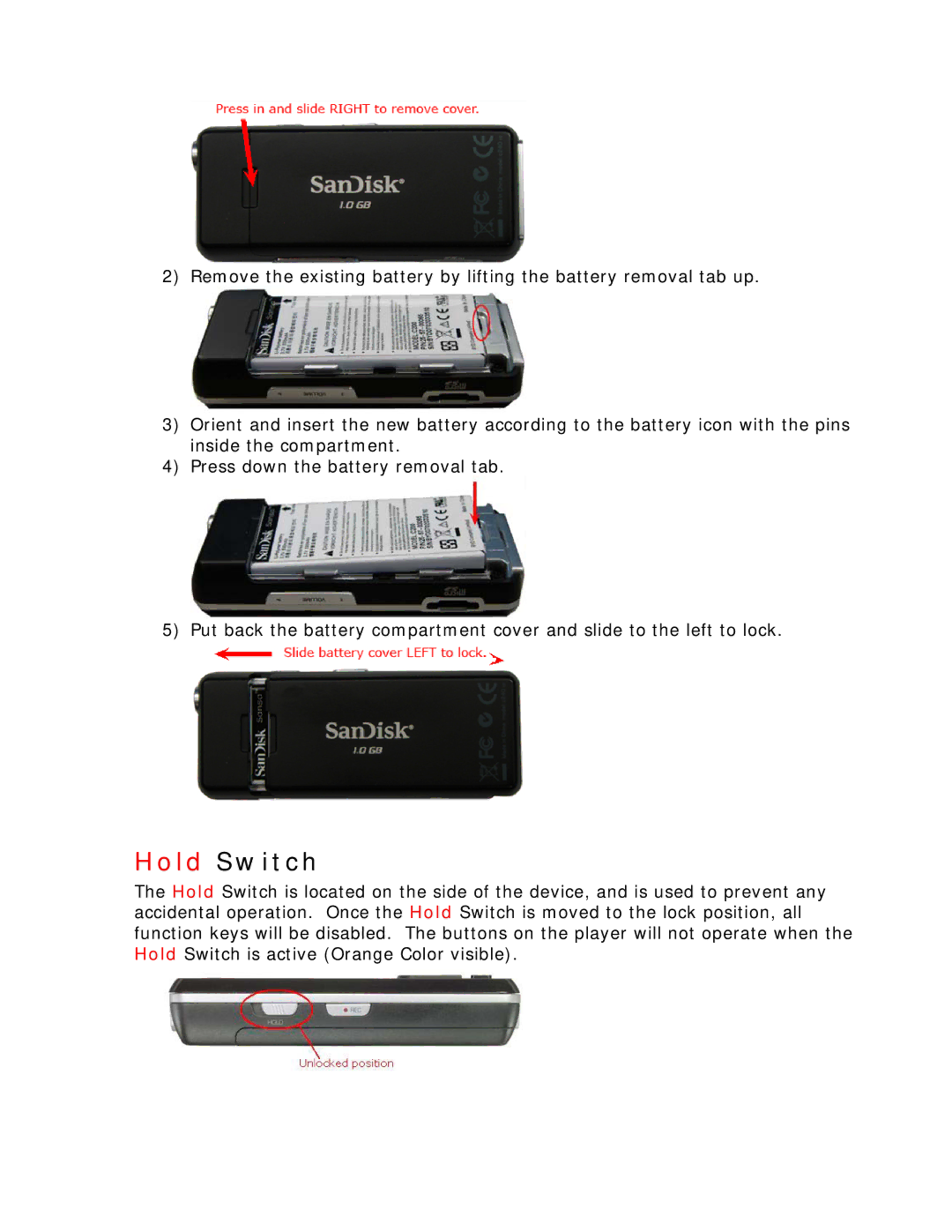 SanDisk c200 user manual Hold Switch 