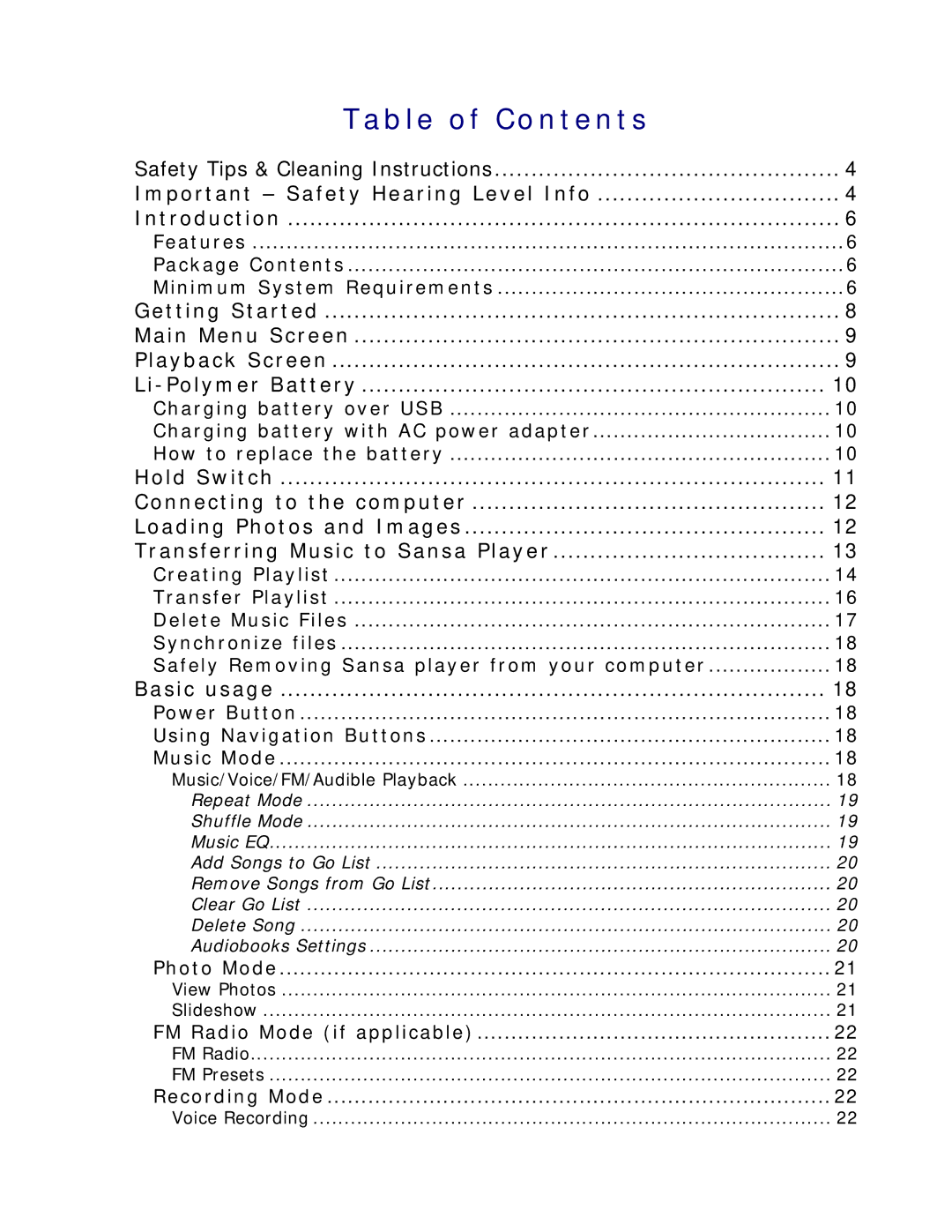 SanDisk c200 user manual Table of Contents 