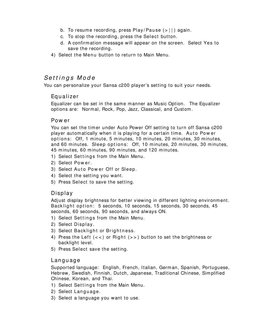 SanDisk c200 user manual Settings Mode, Equalizer, Power, Display, Language 