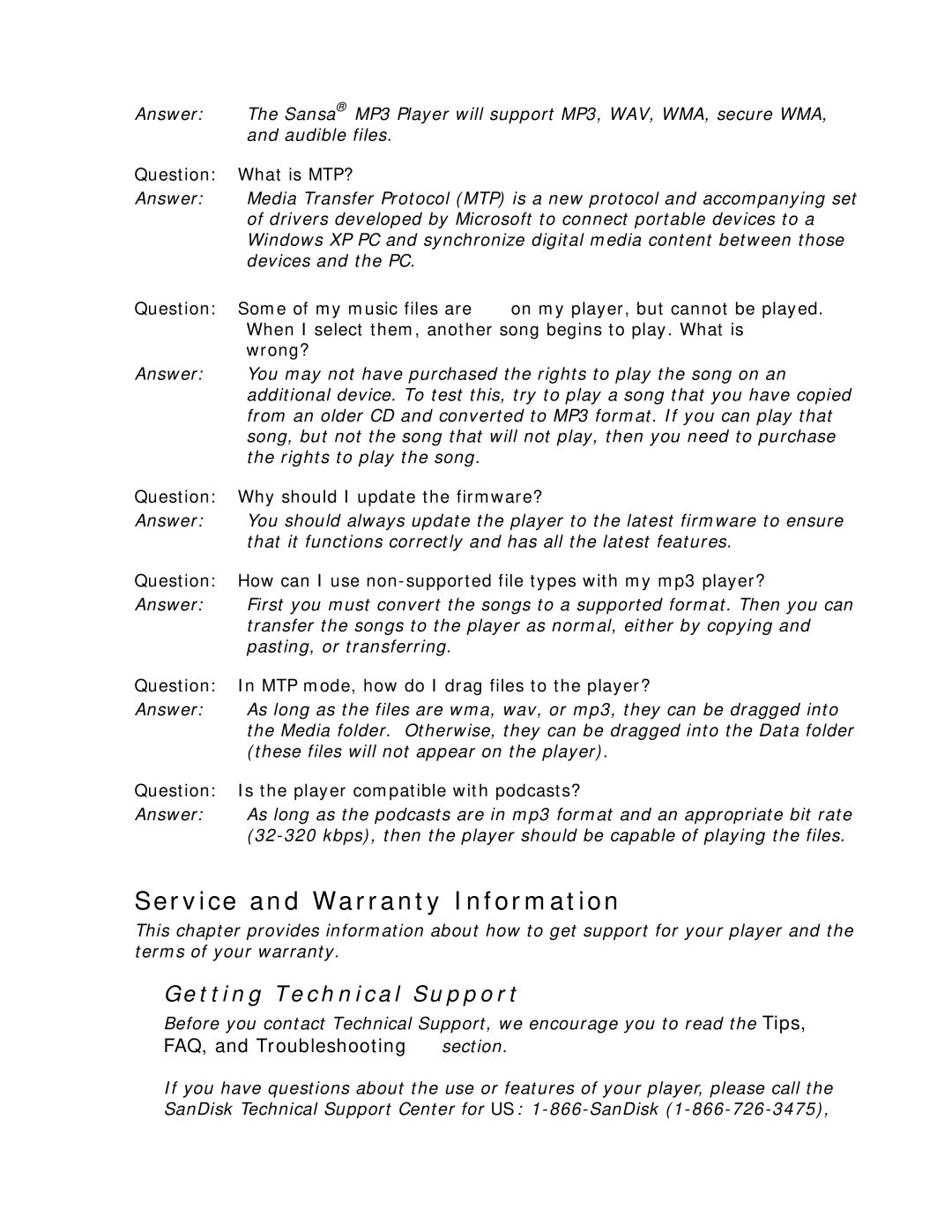 SanDisk c200 user manual Service and Warranty Information, Getting Technical Support 