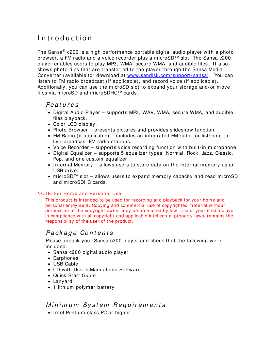 SanDisk c200 user manual Introduction, Features, Package Contents, Minimum System Requirements 