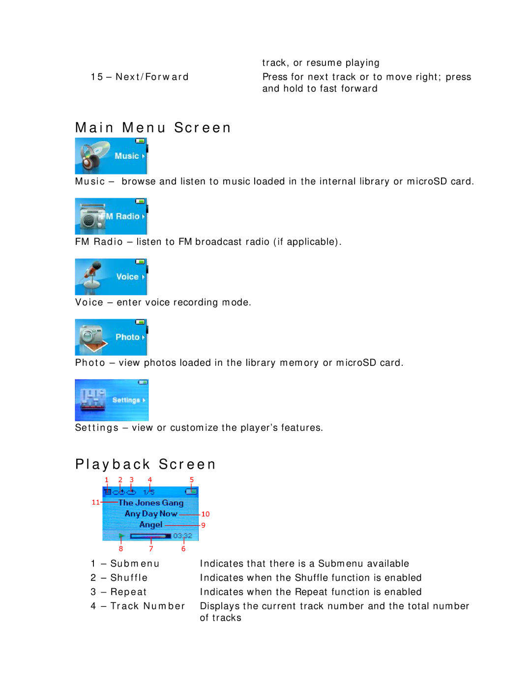 SanDisk c200 user manual Main Menu Screen, Playback Screen, Tracks 